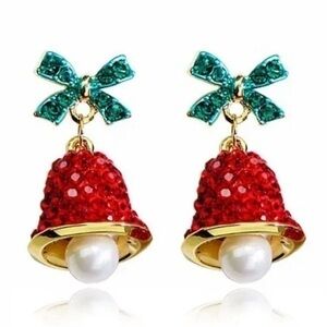 Christmas Earrings Rhinestone Bow Wind Chime Bell New Year Stud Pearl Earrings